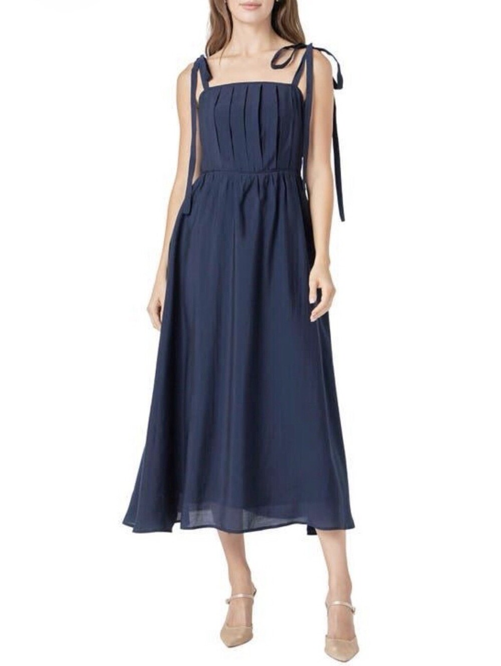 Skies Are Blue Nordstrom Navy Pleated Midi Dress M Tie Shoulder